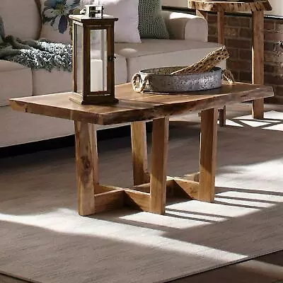 Rustic Solid Wood Natural Live Edge Coffee Table Sled Base Sturdy Lacquered • $356.60
