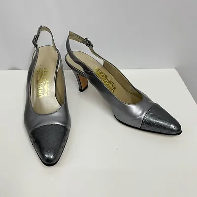 Vintage Salvatore Ferragamo Leather & Snakeskin Shoes Pearlized Gray Size 8 B • $100.09