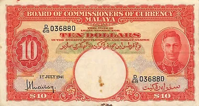 Malaya  $10  1.7.1941  P 13  Kg. G. VI  Series D/68  Circulated Banknote G4 • $195