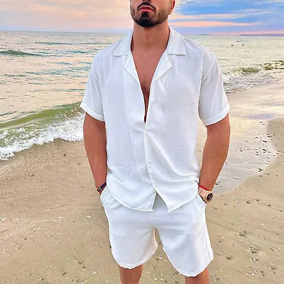 Men Spring Summer 2 Pieces Beach Short Sleeve Linen Shirts Mens White Suit Shirt • $26.66