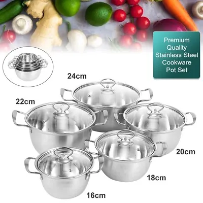 5pcs Stainless Steel Cookware Hob Stockpot Pot Casserole Set With Glass Lids • £23.99