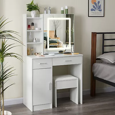 White Wooden Dressing Table Makeup Desk W/ Mirror & Storage Cabinet Shelves UK • £145