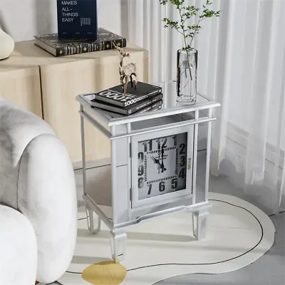 Stunning Mirrored End Table Bedside Desk Slim Storage Cabinet With Clock Display • £119.95