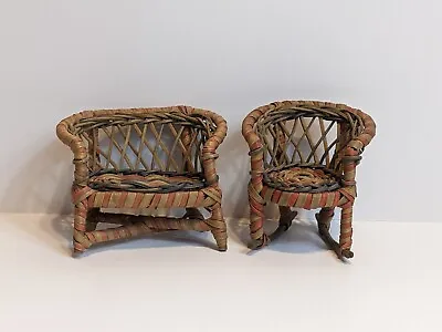 Vtg Wicker 2 Pc Doll Furniture Miniature Rocker Loveseat For 6  Doll Blue & Rose • $7.99