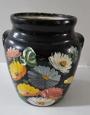 Vintage Ransburg Genuine Hand Painted Black Floral Porcelain Cookie/Utensil Jar • $25