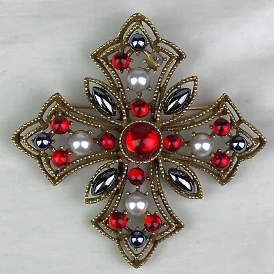 COROCRAFT Vintage Gold Tone Maltese Cross Pin Brooch Red Stones • $29.99