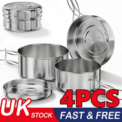 £13.99 • Buy 4Pcs Stainless Steel Camping Cookware Cooking Pot Set Hiking Picnic Pan Outdoor