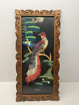 Vintage Original Mexican Folkart Feathercraft Hand Carved Framed Art Bird Art • $49