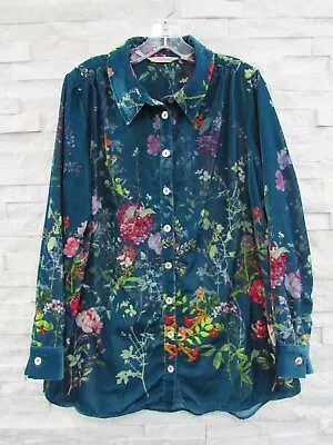 Soft Surroundings Teal Floral Garden Fluid Velvet Slit Pockets Tunic Shirt XL • £33.14