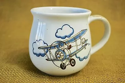 Mustache Coffee Mug - Vintage Bi-Airplane & Hot Air Balloon Stoneware Aircraft • $22.43