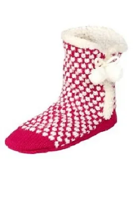 M&s Pink Heart Print Chunky Knit Faux Fur Trim Lined Slipper Boots S/m Size 3-5 • £14.99