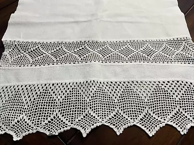 Vtg French Country White Cotton Table Runner W/ White Crochet Trim - Beautiful! • $14.95
