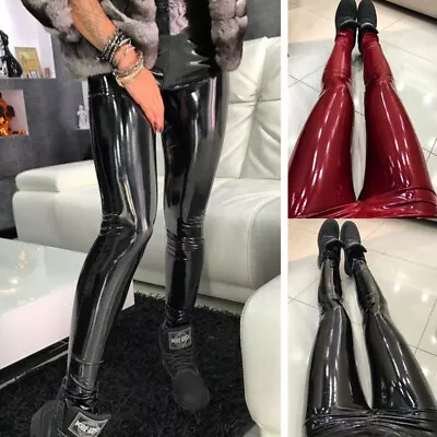 Women Wet Shiny Vinyl Leather High Waist Skinny Pants Trousers Stretch Leggings • $24.89