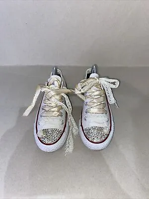 £35 • Buy Converse All Star Trainers UK 5 White Diamante Toes Low Top Ribbon Laces Refb22