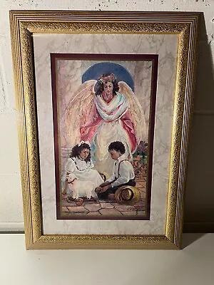 Vtg Print  Guardian Angel Children Gold Frame Bettie Felder • $25