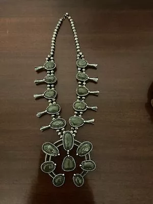 Vintage Genuine Green Turquoise Native American Squash Blossom Necklace ~1960s • $975