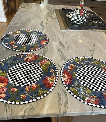 Mackenzie Childs Inspired Flower Market Blue/Checkered Round 2 Sides Placemats • $59.99