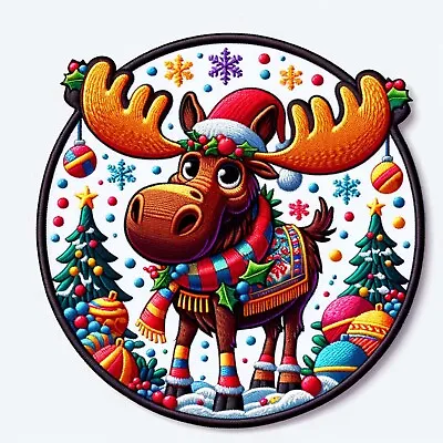 Christmas Moose Patch Iron-on Applique Clothing Decor Santa Hat Wild Animals • $32