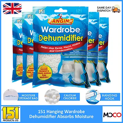 151 Hanging Wardrobe Dehumidifier Bags Caravan Moisture Remover Mould Mildew X5 • £12.09