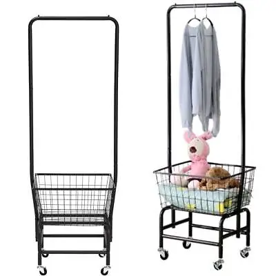 Rolling Laundry Hamper Basket Cart With Wire Storage Rack & Hanging Rack Black • $72.99
