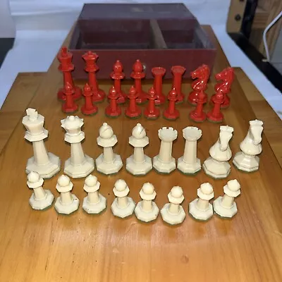 VINTAGE DRUEKE Chess Pieces - Red & Ivory - Complete Set W/Case & Manual 1950s • $10