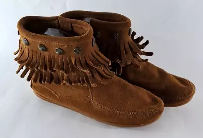 Womens Minnetonka Moccasins Ankle Booties Brown Suede Leather Fringe Boho 8 • $25.99