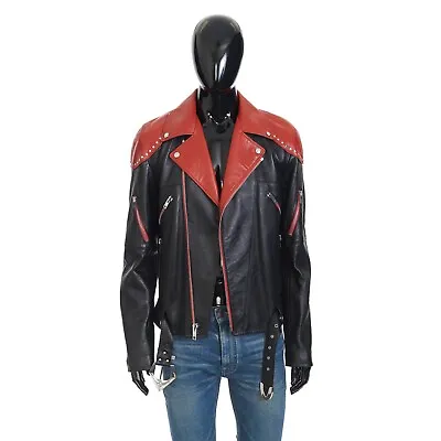 CELINE 6500$ Loose Fit Studded Biker Jacket - Black & Red Soft Lambskin • $5200