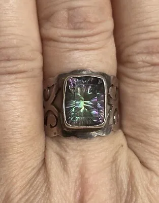 Vintage Sterling Silver Open Work 10mm Mystic Topaz Wide Band Ring Size 8 • $29.25