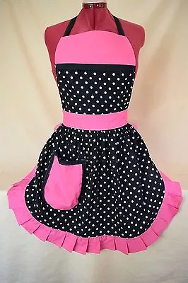 RETRO VINTAGE 50s STYLE FULL APRON / PINNY - BLACK & WHITE SPOT With PINK TRIM • £25.99