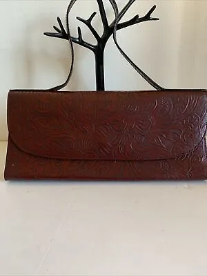 Vintage ZARA Dark Oak Red Tooled Leather Clutch Underarm Bag  Handbag Rare • £29.99