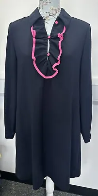 Jaeger Boutique Navy Pink Ruffle Long Sleeve Collared Dress Size 10 • £29.99