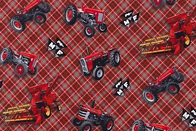 Massey Ferguson Tractor And Logo Fabric Red Plaid Cotton Sold By The Yard • $13.50