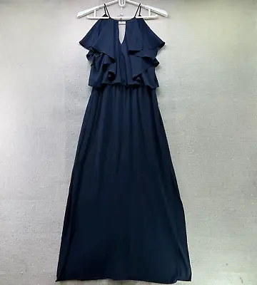 $22.95 • Buy Forever New Womens Maxi Dress Sz 14 Navy Blue Long Slip V-neck Ruffles High Slit