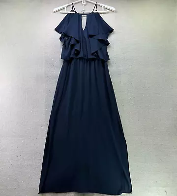 $22.95 • Buy Forever New Womens Maxi Dress Sz 14 Navy Blue Long Slip V-neck Ruffles High Slit