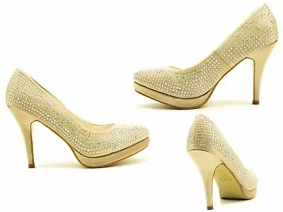 Womens Ladies Diamante High Heels Round Toe Bridal Wedding Evening Party Shoes  • £12.99