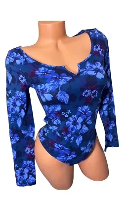 Victorias Secret PINK Long Sleeve Pull On Body Suit Tropical Blue Floral Large • $8