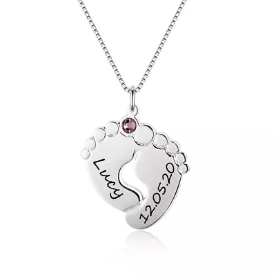 Engraved Silver Baby Feet Necklace For Mom With Kids Birthstone Mothers Day Gify • $12.42