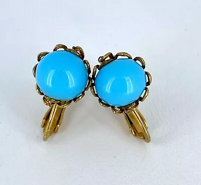 Miriam Haskell Goldtone Blue Round Bead Clip On Screwback Earrings • £5.63