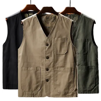 Mens Military Waistcoat Sleeveless Travel Coat Army Tactical Multi Pockets Vest • £26.83