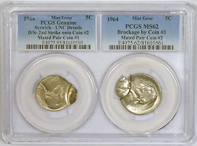 $850 • Buy 1964 Mated Pair Error Jefferson Nickels, Double Struck And Brockage, PCGS Graded