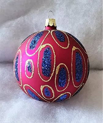 $7.99 • Buy Pier 1 Fuchsia Satin Finish Glass Ornament With Blue And Gold Glitter Design