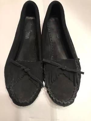 Black Minnetonka Fringe Tassel Moccasins Slip Ons Womens 8.5 • £19.44