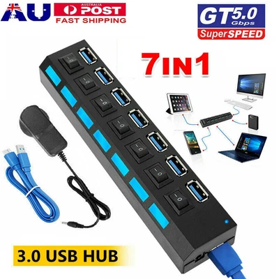 $21.99 • Buy 7 Port 3.0 Hub High Speed Extension Adapter Charger Switch For PS4/Slim/Pro AU