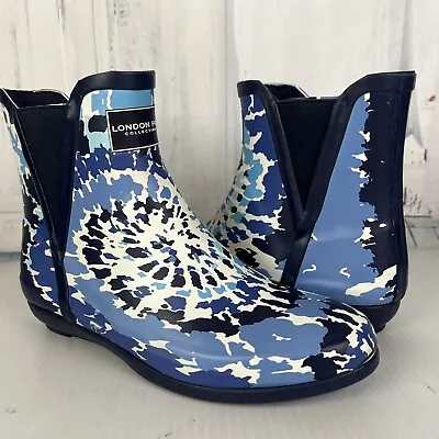 London Fog Rain Boots Piccadilly Navy Blue Tie Dye Watercolor Womens Size 6 NWOB • $14.39