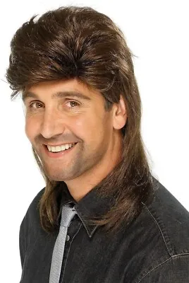 Mens Brown Mullet Wig 1980s • £12.95