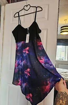 New! Uk20 Asymmetrical Galaxy Universe Celestial Dress Black Pink Blue Purple • £3.20