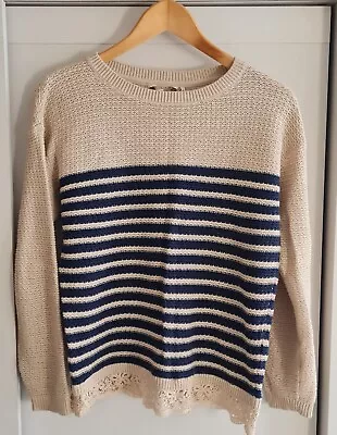 Fat Face Ladies Lace Hem Navtly Stripe Jumper Size 10 • £12