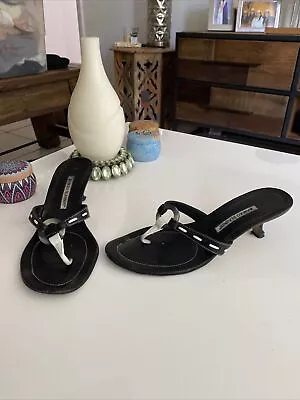 Vintage Manolo Blahnik Black Leather Sandal Heel Size 40 • $75