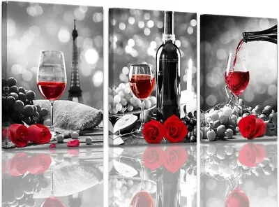 3PC Wine Decor Kitchen Canvas Art Red Wine Rose Artwork Home Walls Black & White • $15.80