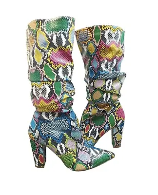 LILIANA  Hariot Rainbow Snakeskin Slouchy Chunky Heel Half Calf Boots SZ 10 • $38